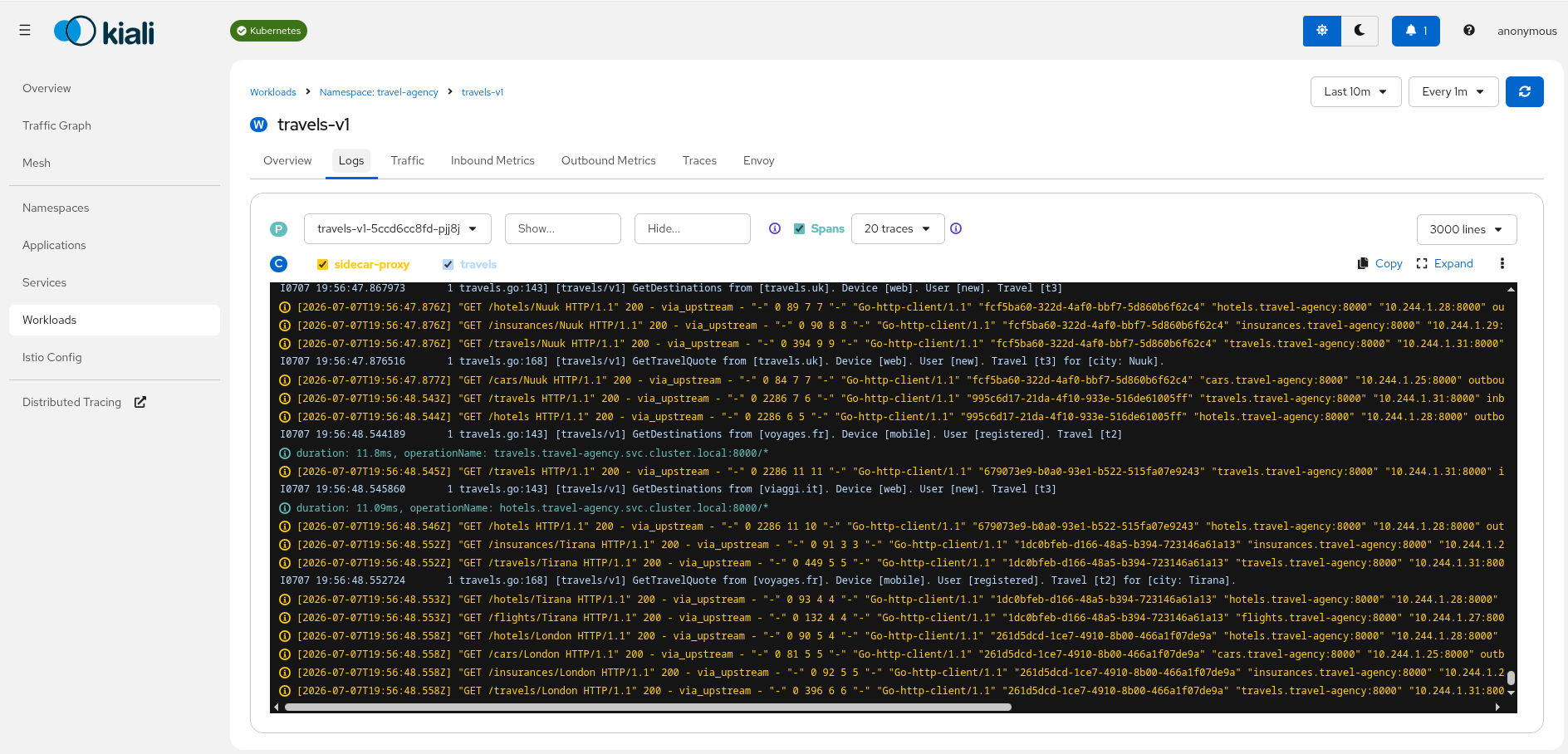 Travels-v1 Logs GetDestinations
